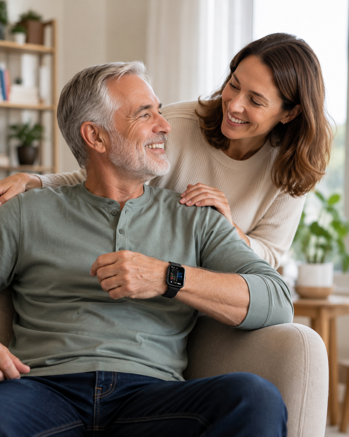 Senior father wearing FITVII GT5 Pro Max smartwatch and staying connected with his daughter