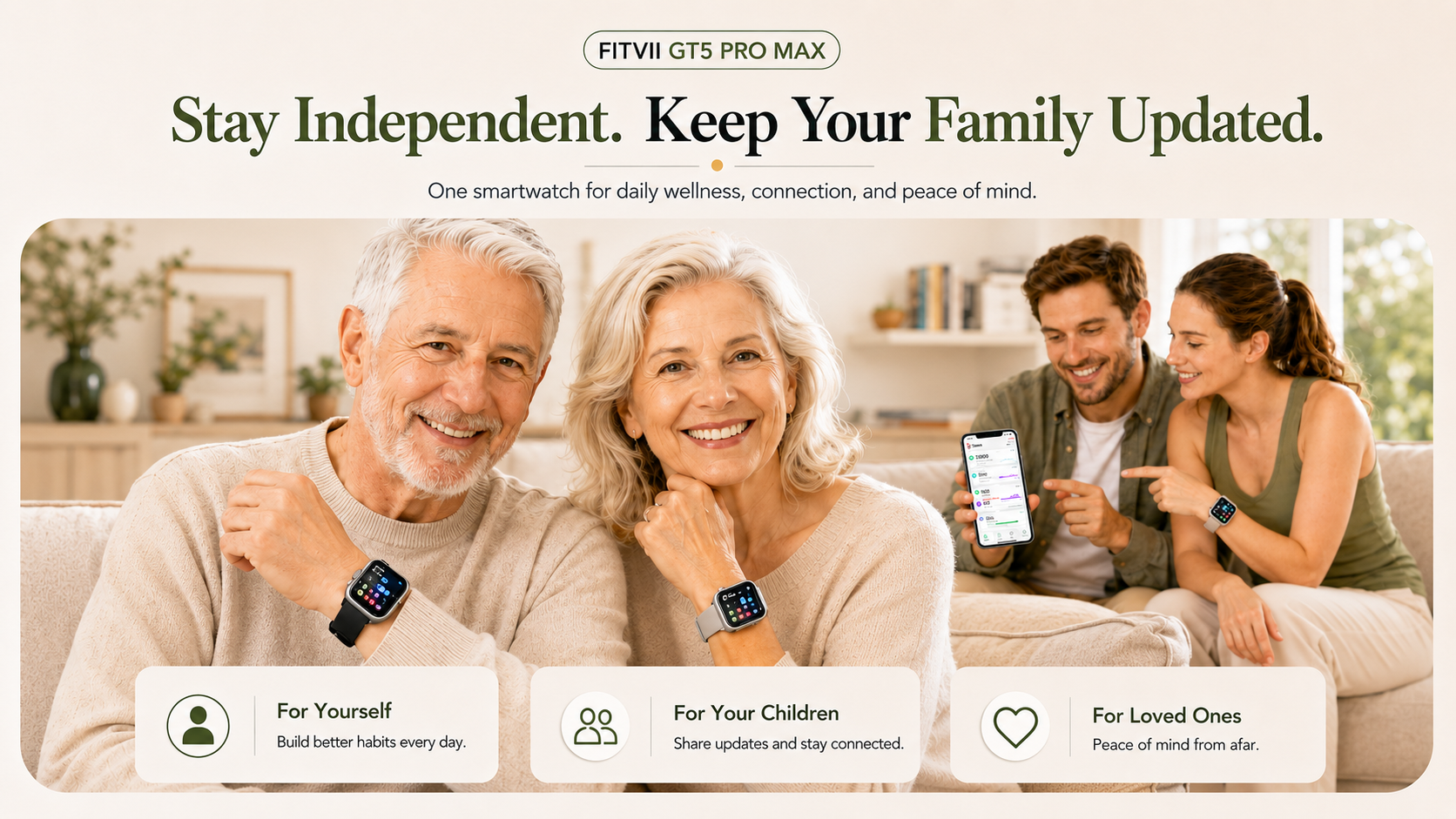 Three generations of a family sharing wellness updates with FITVII smartwatches
